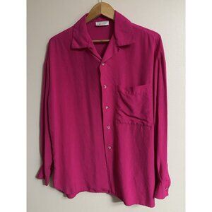 Large go by GoSilk Silk Blouse Hot Pink Collar Button Up Shirt Career Luxury